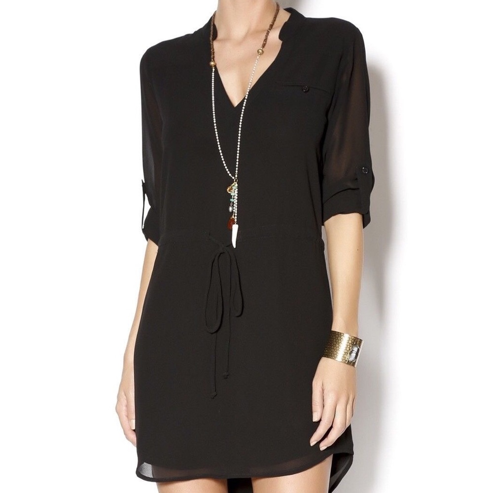 Baked Zebra Drawstring Waist Black Shirt Dress